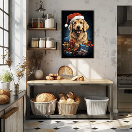 Golden Retriever Christmas Poster with Santa Hat