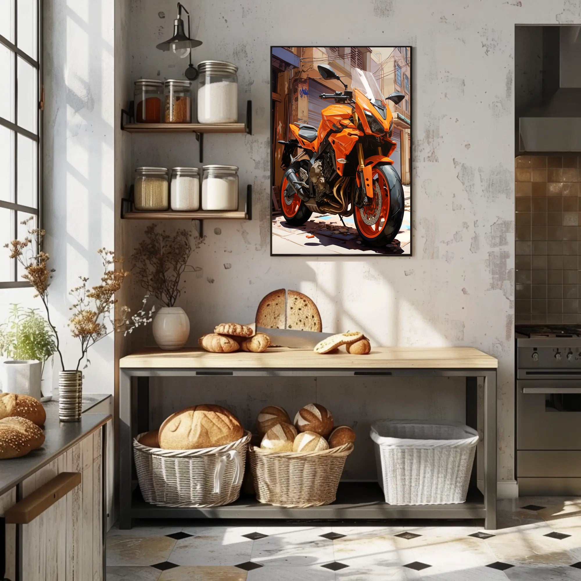Vibrant Urban Motorcycle Poster PosterGoat
