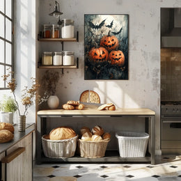 Halloween Jack-o'-lantern Bats Gathering Art Print Poster