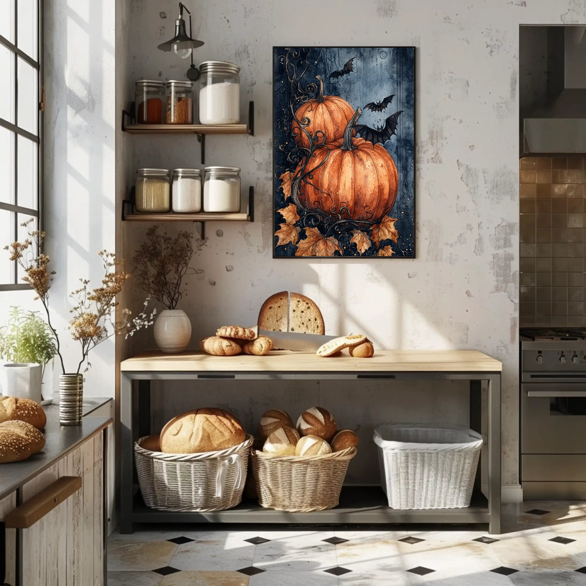 Stylized Halloween Pumpkins with Bats Decorative Art Poster