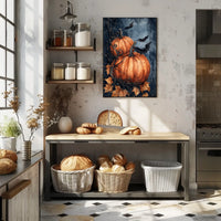 Stylized Halloween Pumpkins with Bats Decorative Art Poster