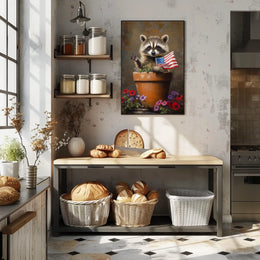 raccoon popping out of a large clay flowerpot Poster