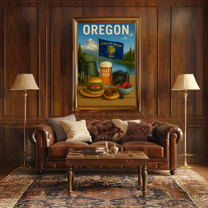 Oregon Craft Beer Forest Burger Mountain Travel Poster