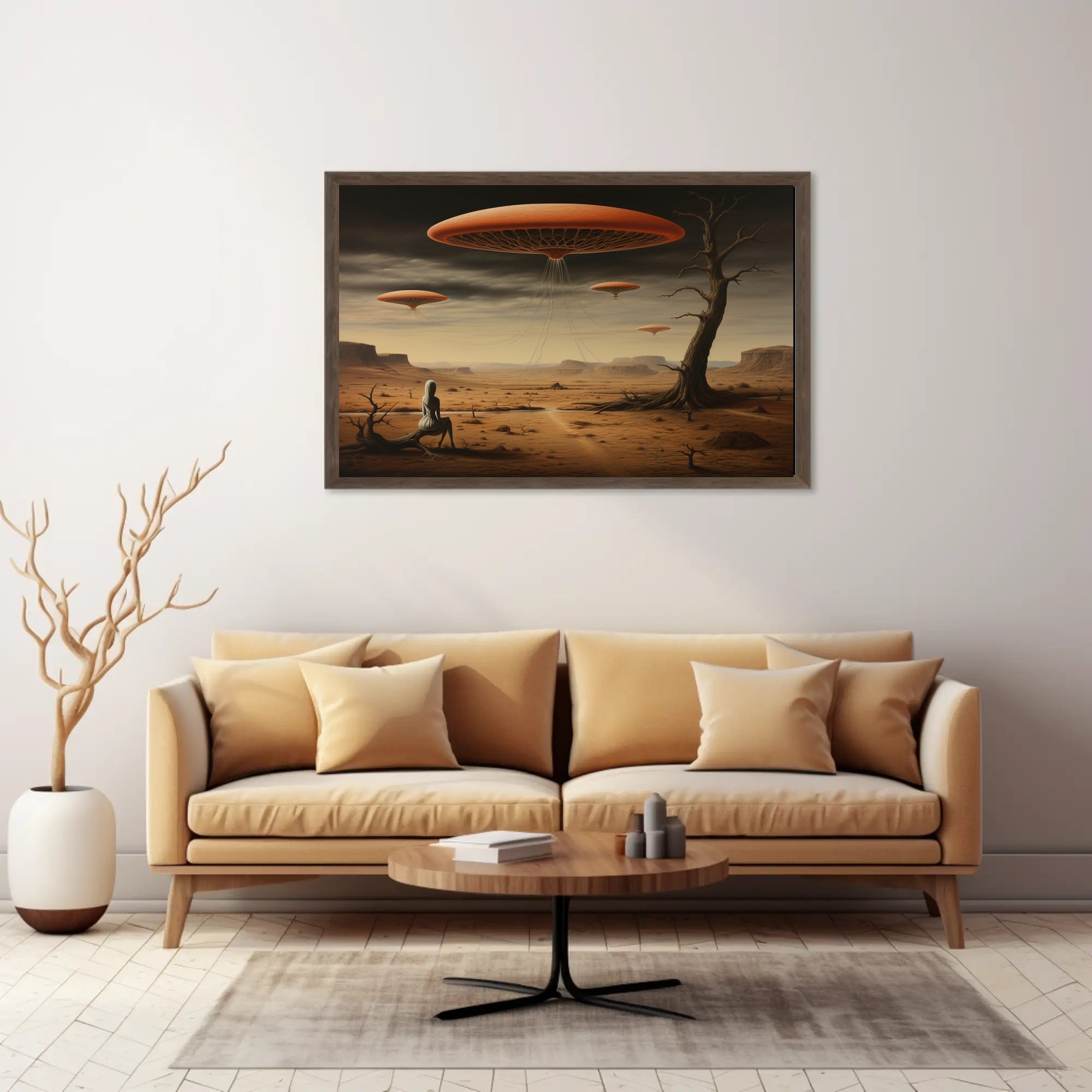 Surreal Hovering Discs in Futuristic Sci-Fi Poster