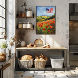 peaceful field of poppies with one large American flag Poster