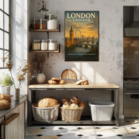 London Landmarks Vintage Poster: Big Ben, Eye, Bridge