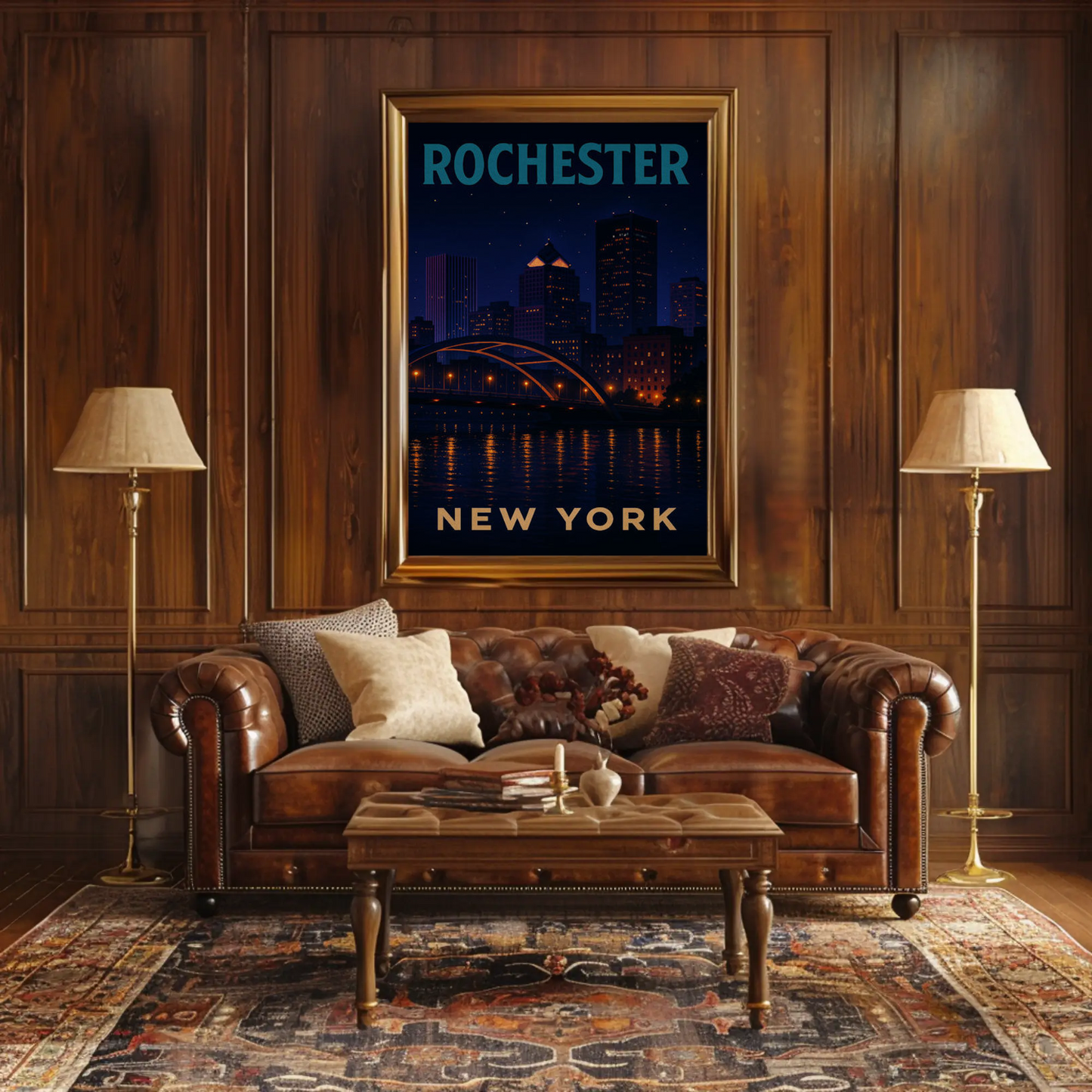 Rochester New York Night Skyline River Lights Travel Poster Travel Poster