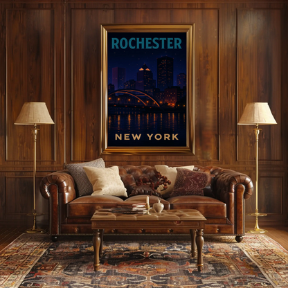 Rochester New York Night Skyline River Lights Travel Poster Travel Poster