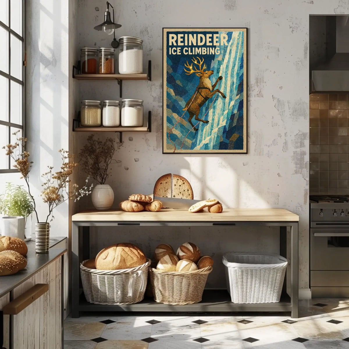 Reindeer Ice Climbing Vintage Animal Art Poster