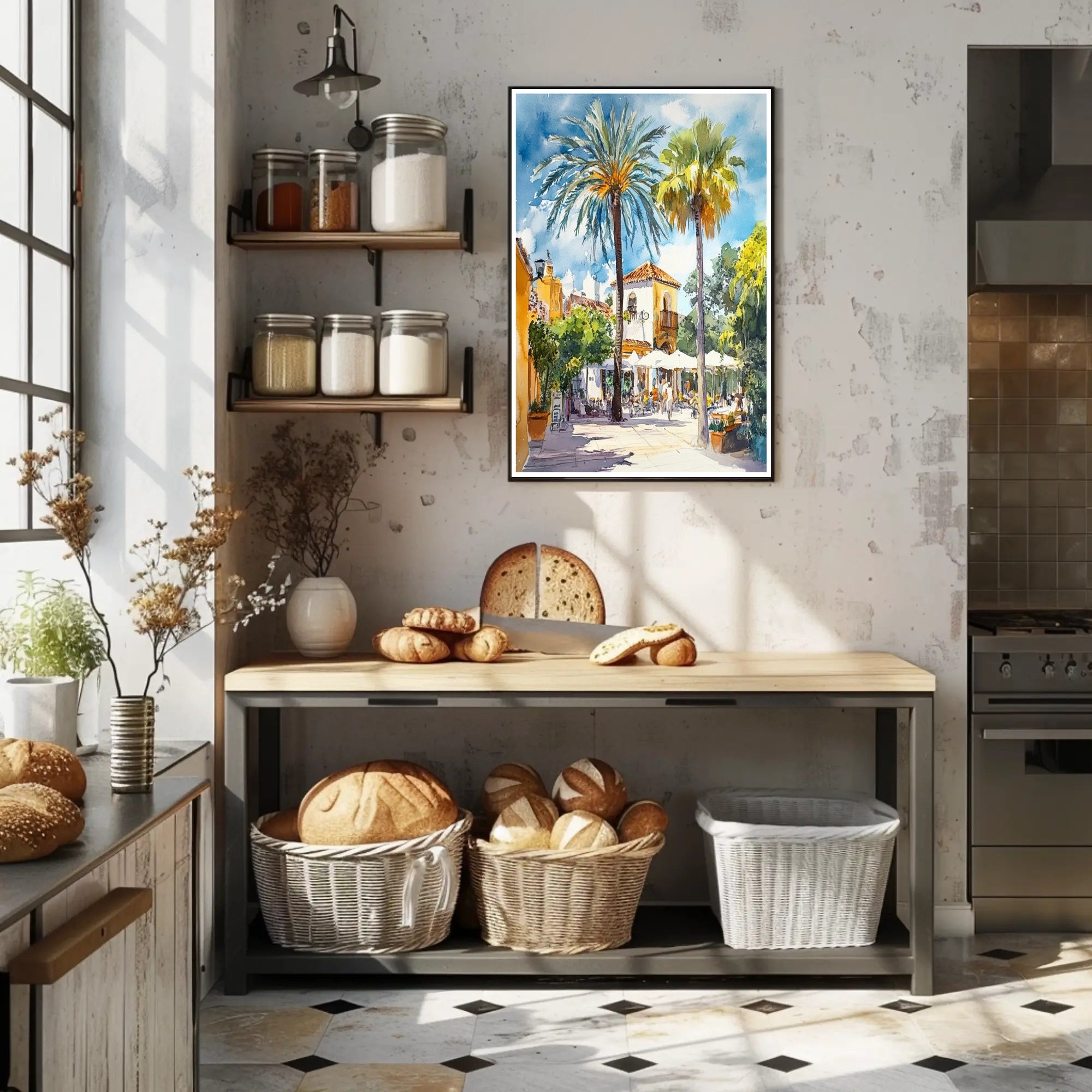 Sunlit Mediterranean Plaza Poster PosterGoat