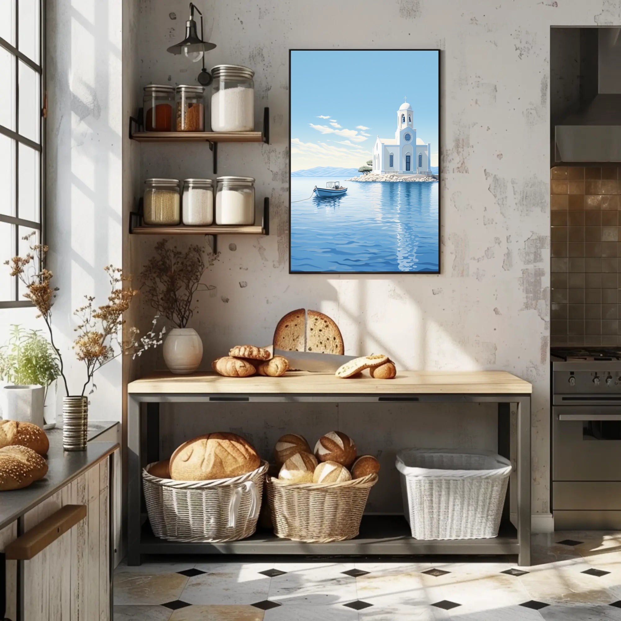 Serene Greek Coastal Scene Minimalist Travel Poster