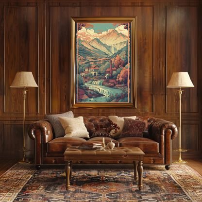 Alpine Village Waterfall And Peaks Travel Poster