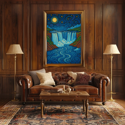 Starry Waterfall Night Moon Swirling Travel Poster