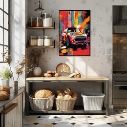 Vibrant Abstract Art Poster with Mini Cooper Illustration