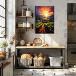 Vibrant Vineyard Sunset Landscape Impressionistic Artistic Poster
