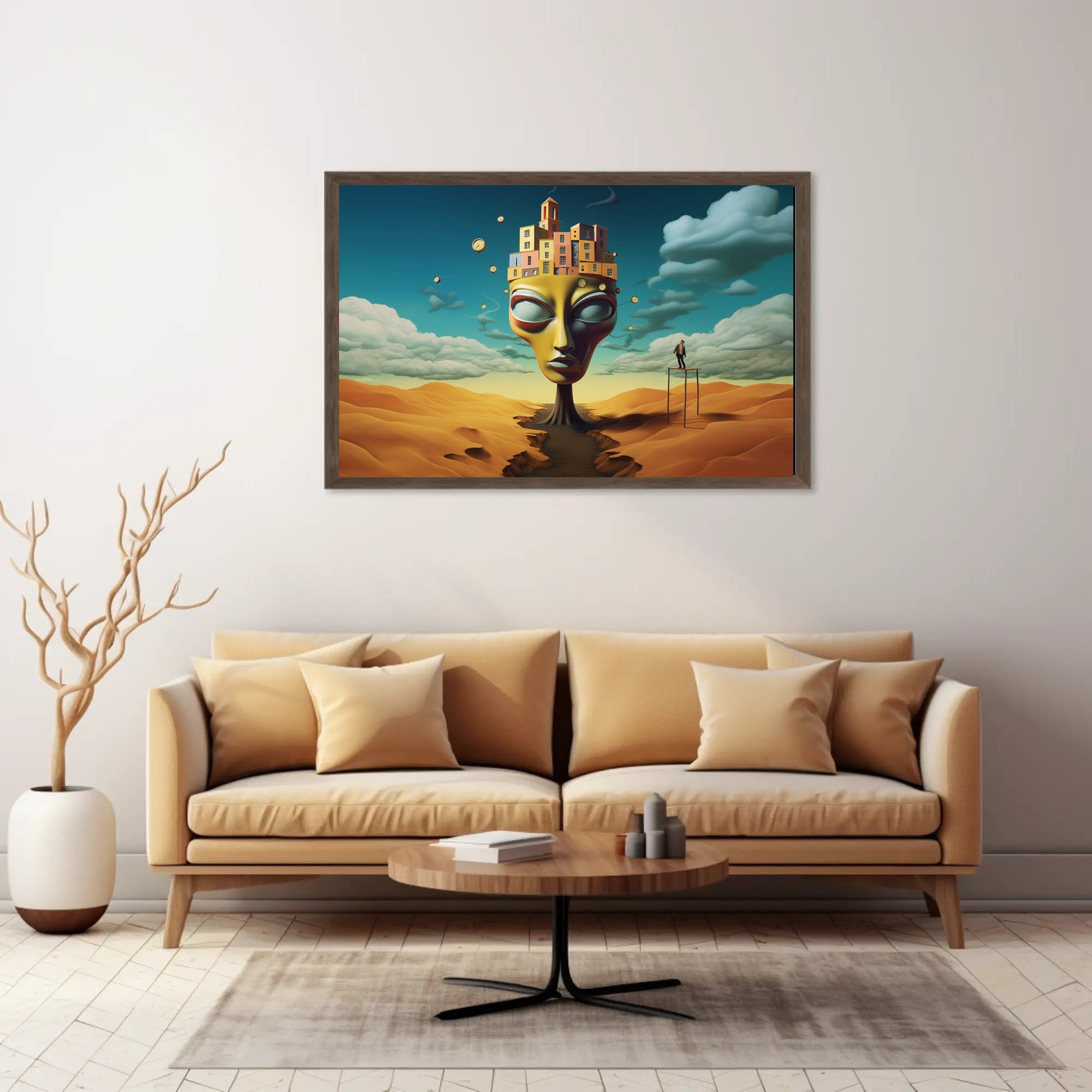Surreal Desert Landscape with Whimsical Architecture Poster