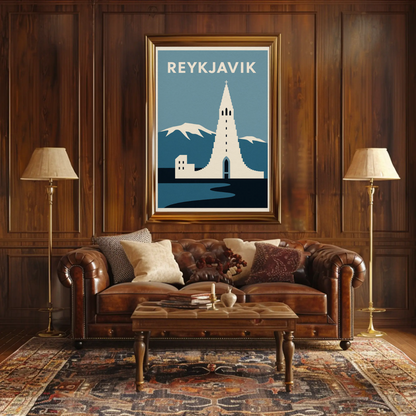 Reykjavik Iceland Minimalist Cathedral Mountains Poster