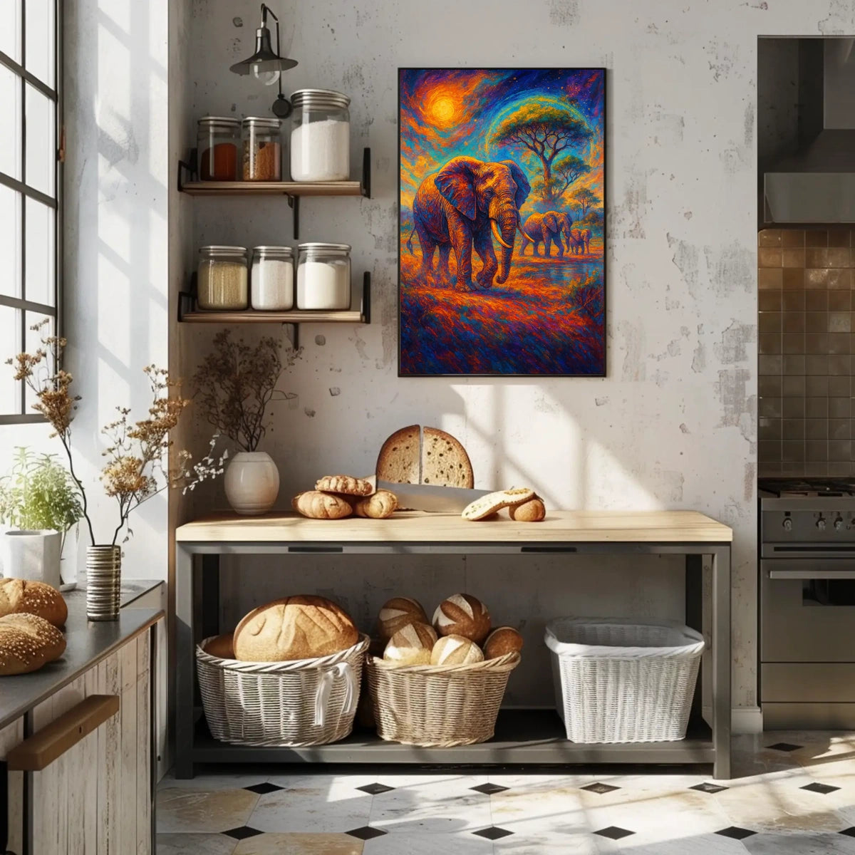 Majestic Elephants Safari Art Poster: Vibrant Landscape