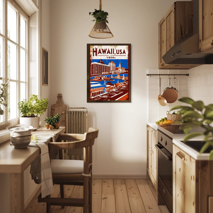 Hawaii USA 1950s Island Life Vintage Maroon Travel Poster