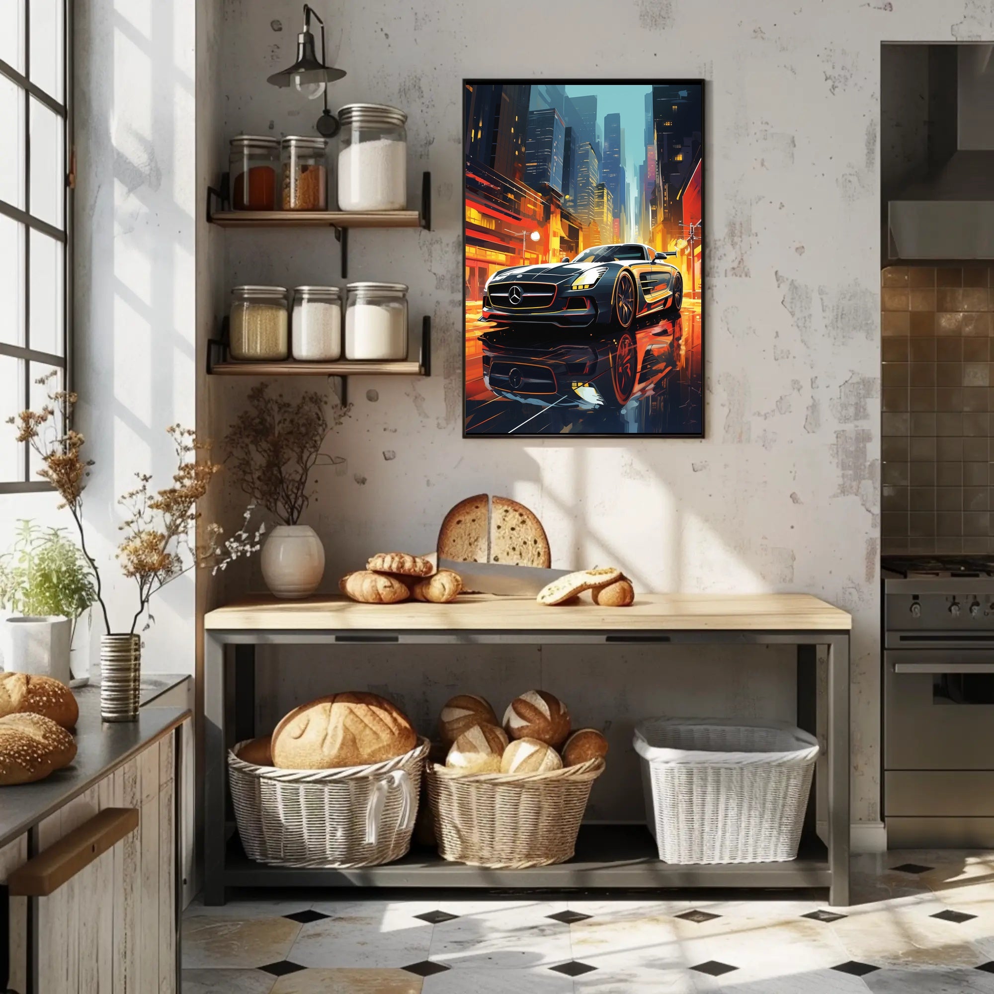 Futuristic Sports Car in Vibrant Cityscape - Futuristic Sci-Fi Poster