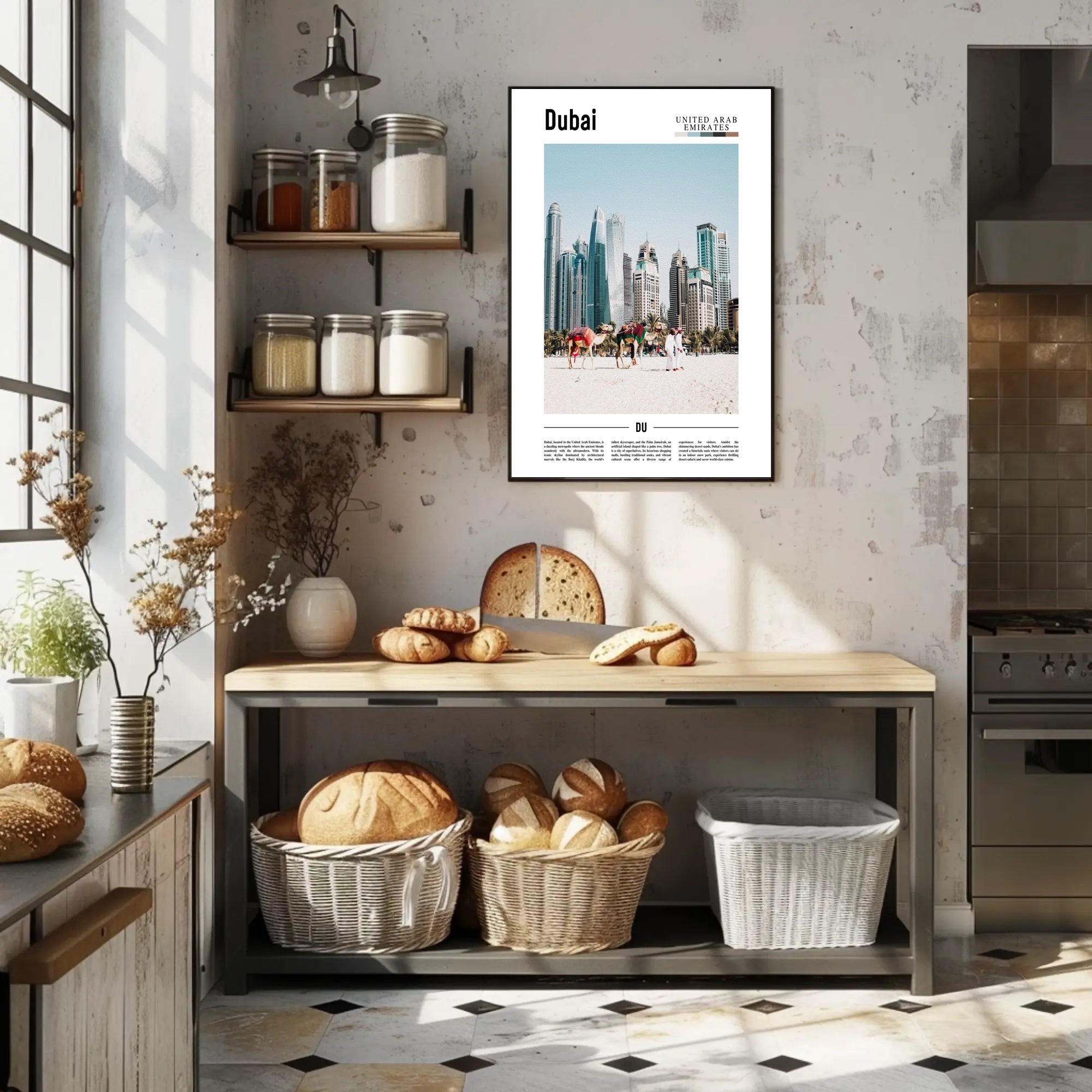 Dubai Skyline and Camels Travel Poster PosterGoat
