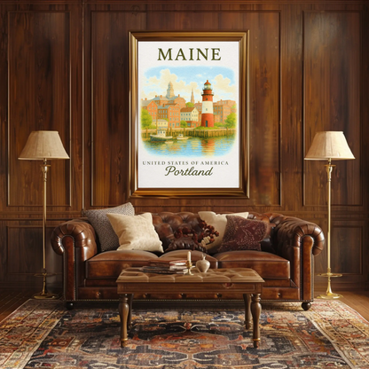 Portland Maine Historic Lighthouse Waterfront Scene Poster