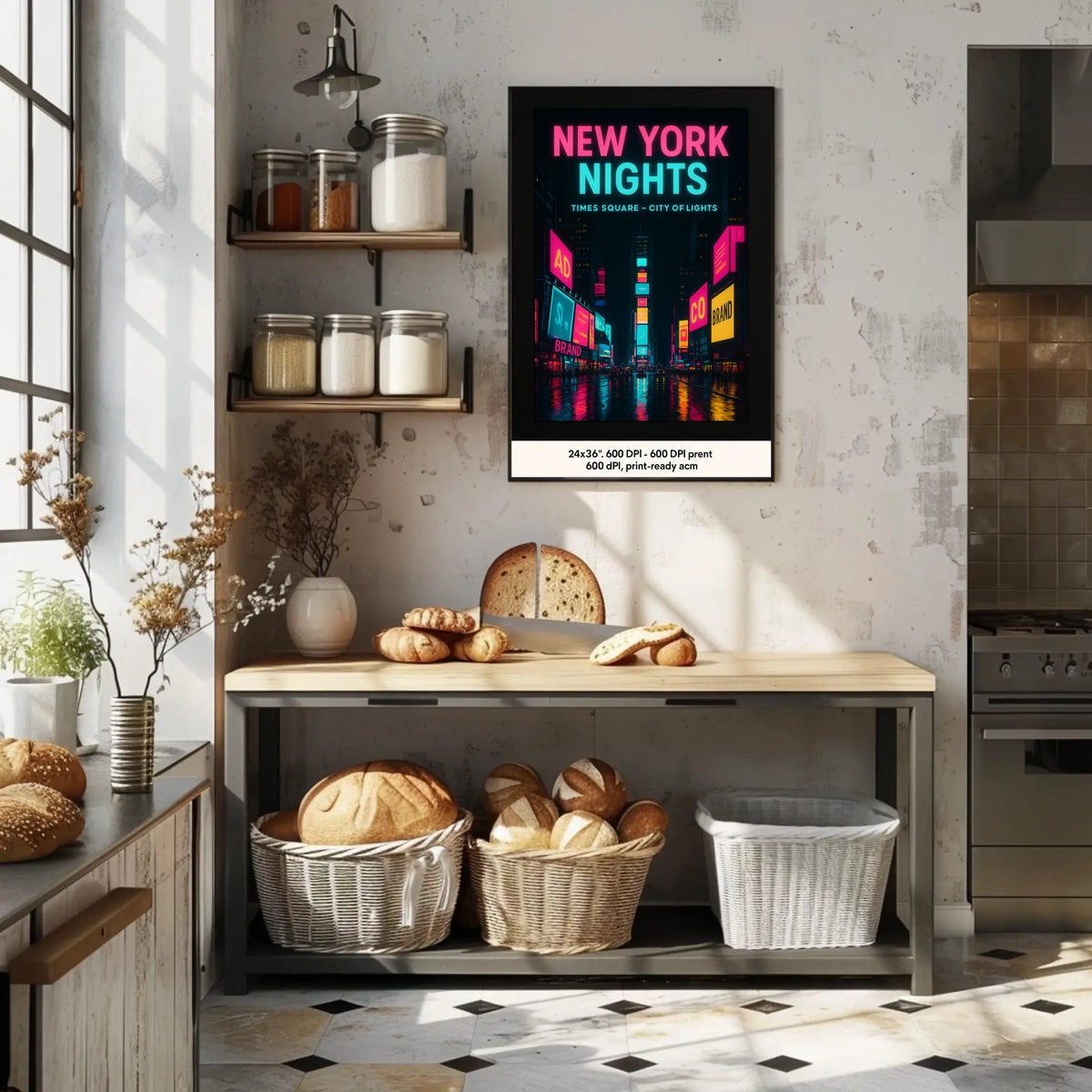 Vibrant Neon Nightscape in Times Square Urban Cityscape Poster