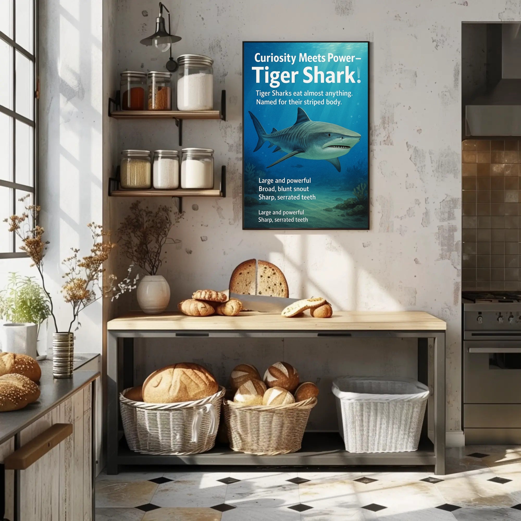 Curiosity Meets Power Tiger Shark Poster PosterGoat