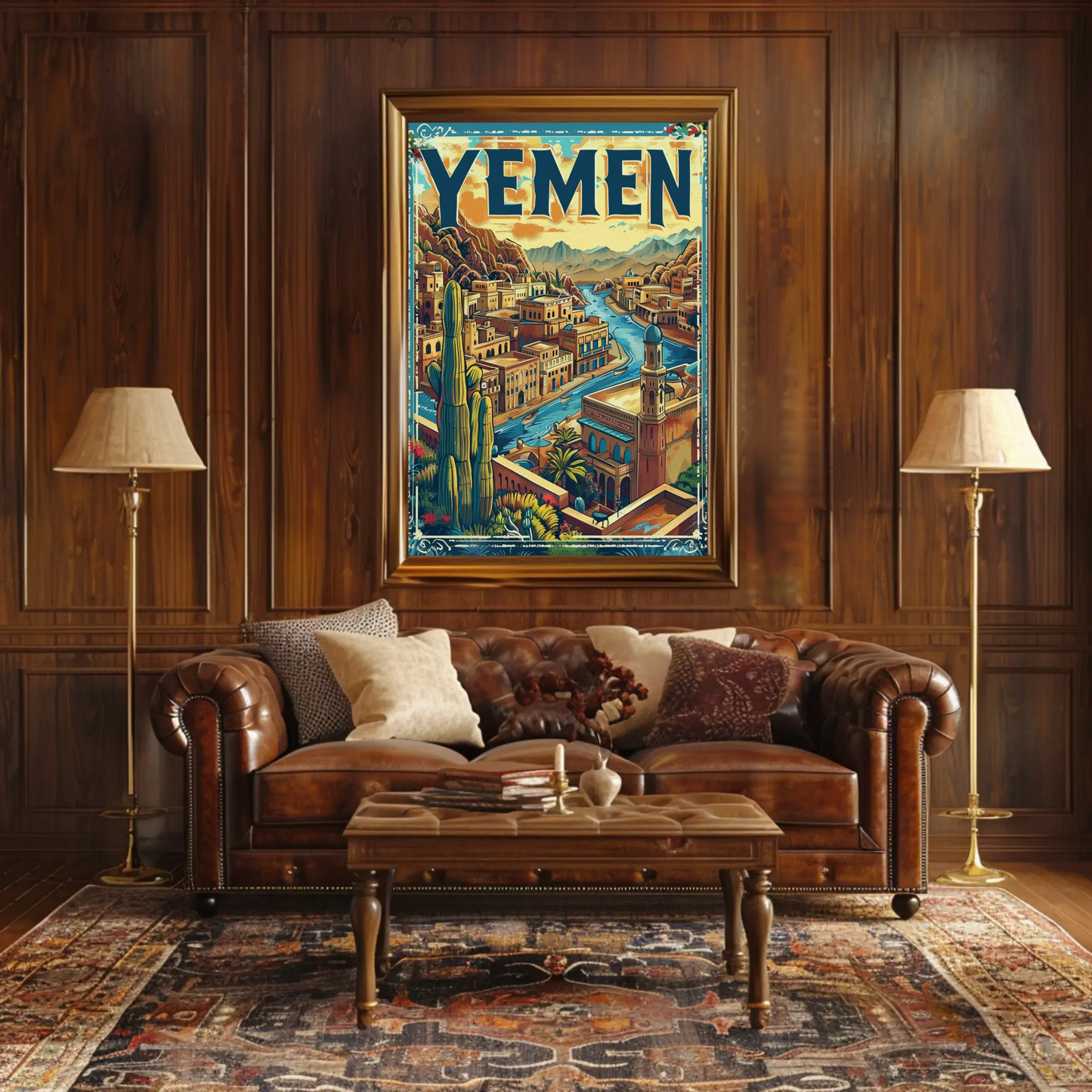 Yemen Traditional Architecture River Valley Travel Poster
