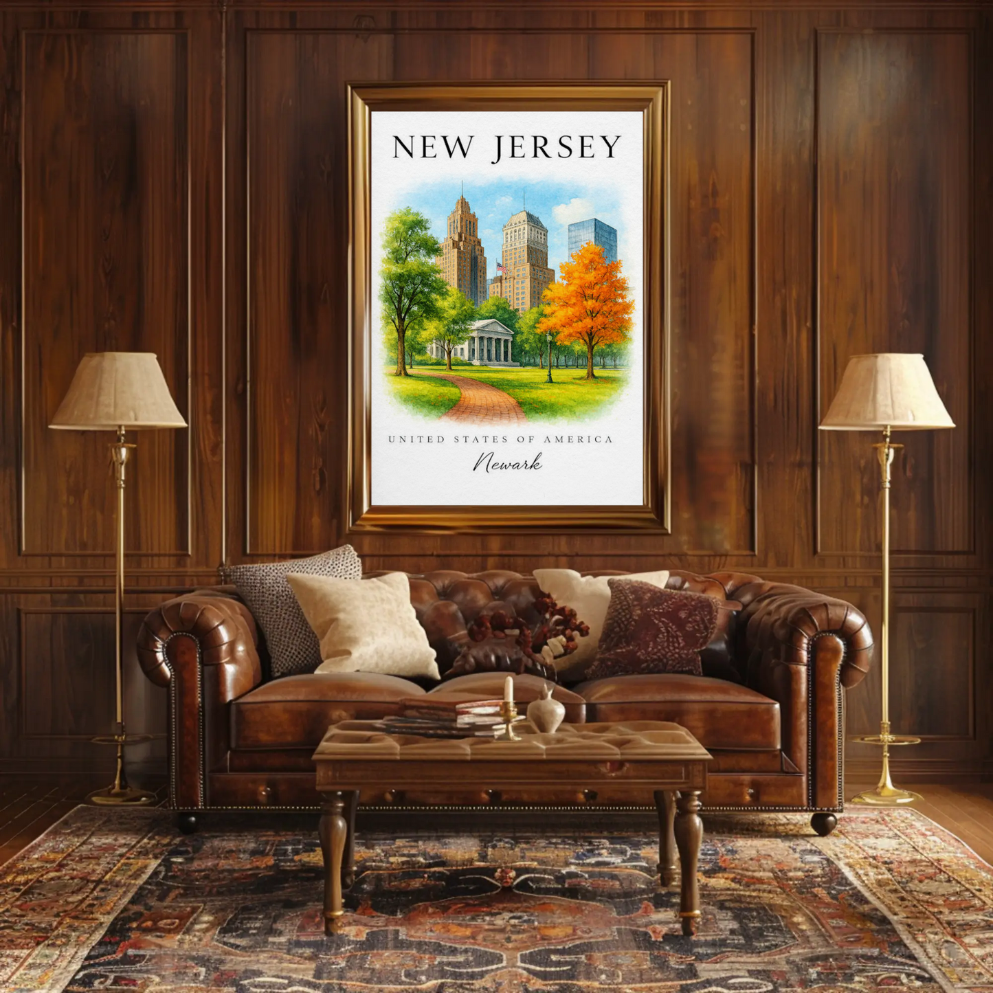 Newark New Jersey Historic Skyline Autumn Park Travel Poster