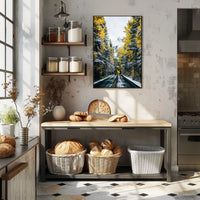 Autumnal Forest Road with Snow-Capped Mountain Poster