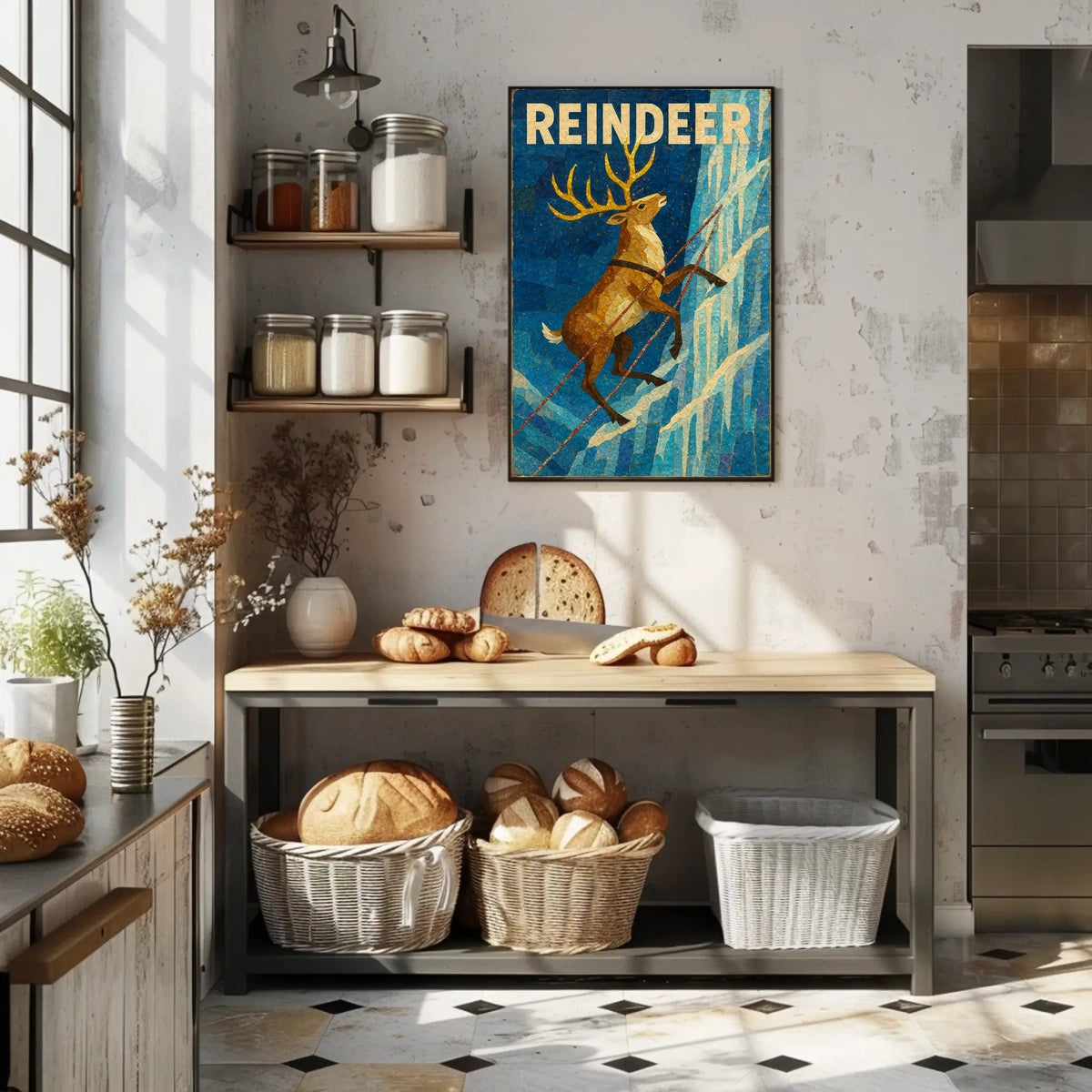 Reindeer Adventure on Icy Cliff Animal Poster