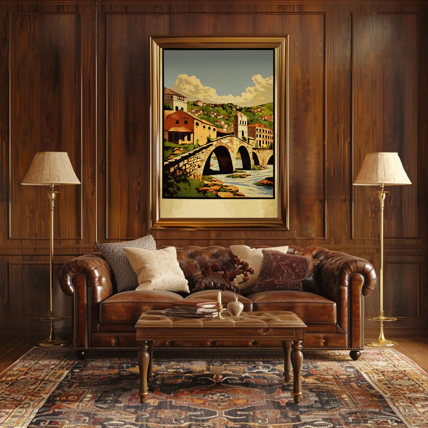 Stone Arch Bridge European Village Landscape Travel Poster