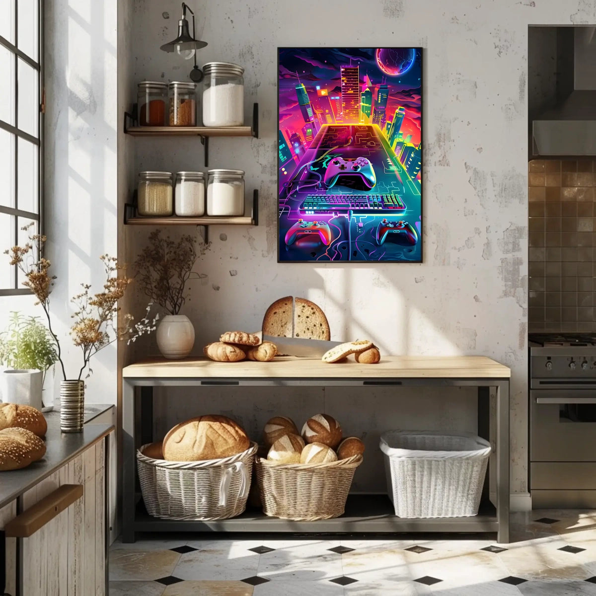 Neon Gaming Cityscape Poster