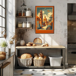 Vibrant Cityscape with Soaring Plane Poster