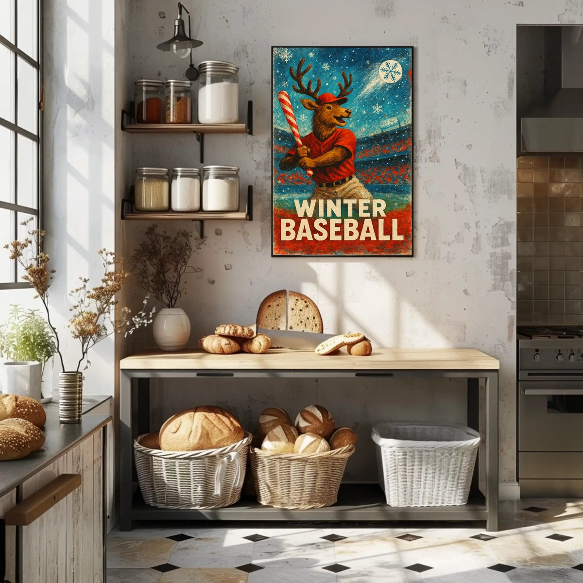 Winter Baseball Deer Poster: Festive Sports Art