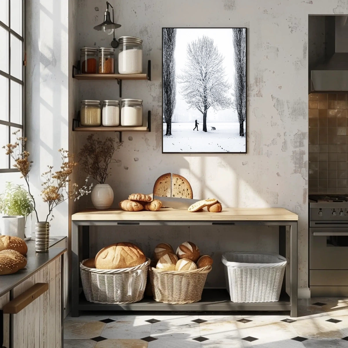 Winter Serenity: Dog Walker in Snowy Landscape