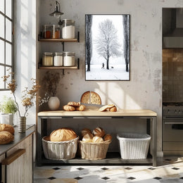 Winter Serenity: Dog Walker in Snowy Landscape