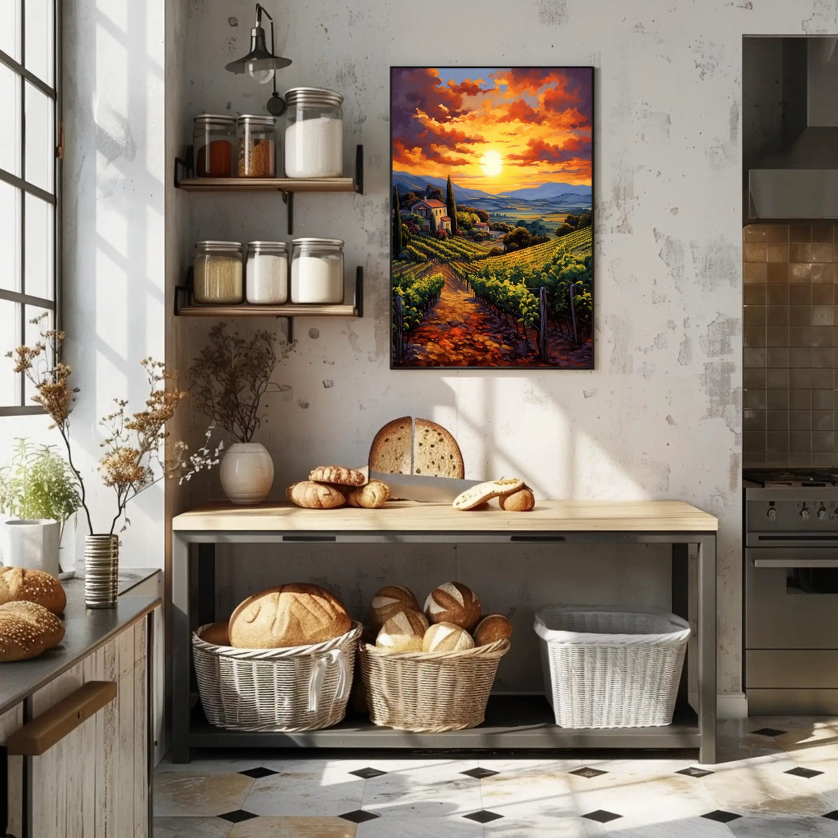 Picturesque Vineyard Landscape With Impressionistic Sunset Artistic Poster