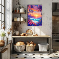 Tropical Sunset Beach Scene Illustrated Poster