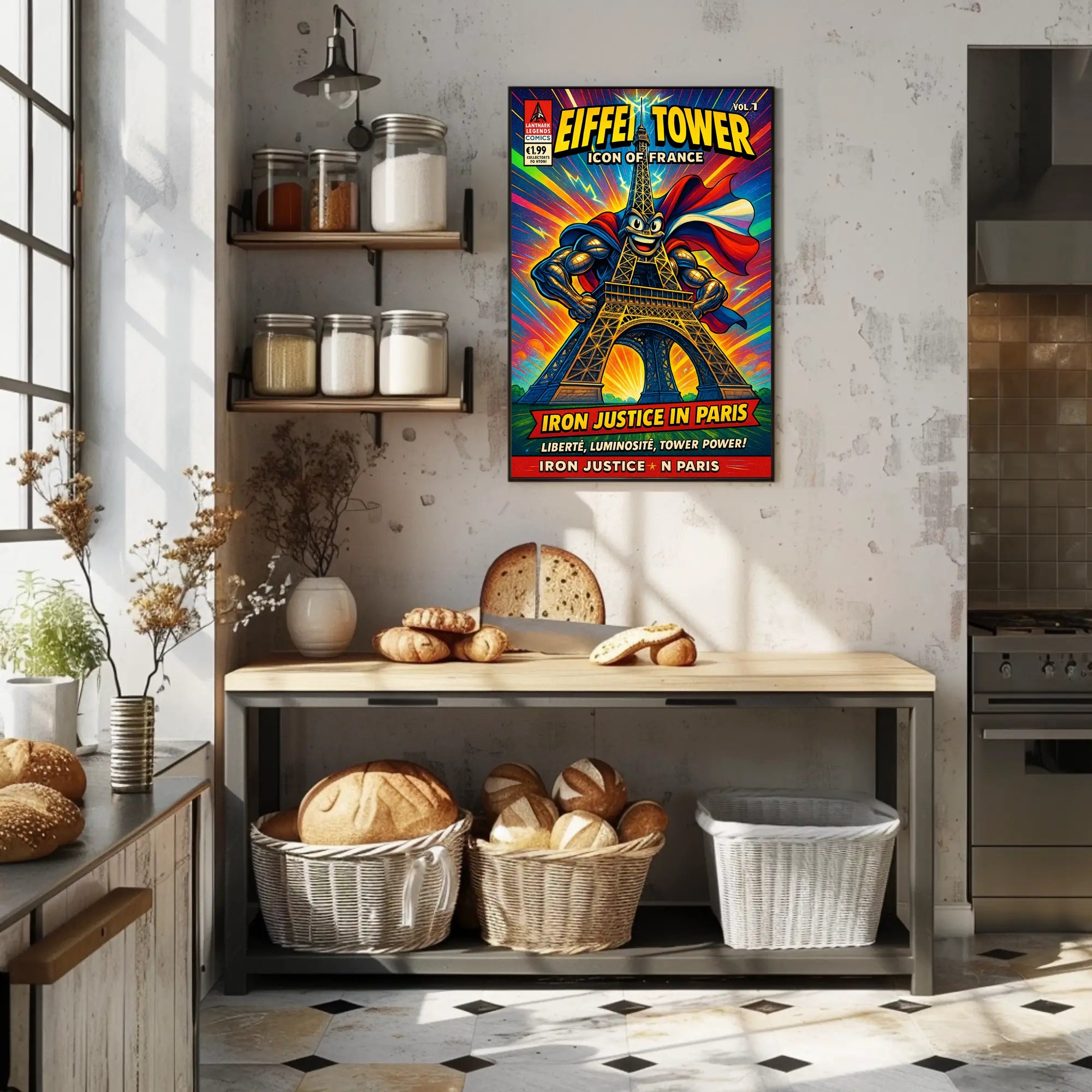 Eiffel Tower Superhero Comic Art Cultural Poster