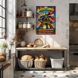 Eiffel Tower Superhero Comic Art Cultural Poster