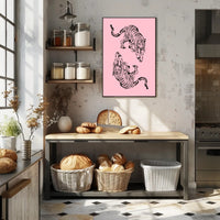 Stylized Black Ink Tigers on Pink Artistic Poster PosterGoat