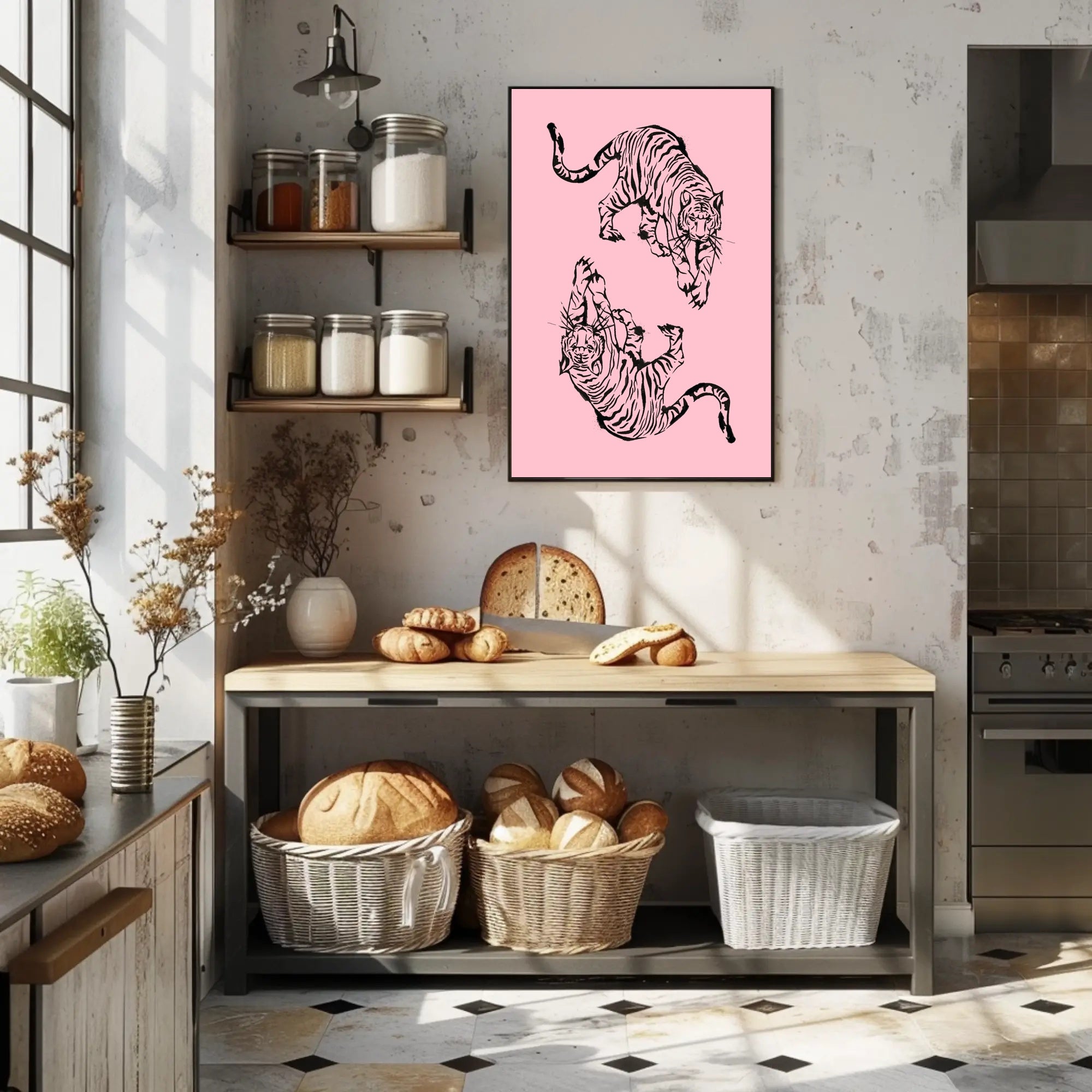 Stylized Black Ink Tigers on Pink Artistic Poster PosterGoat
