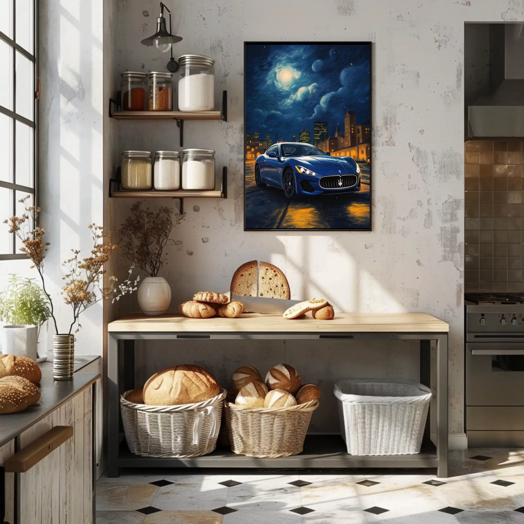 Maserati Blue Sports Car at Night Artistic Poster