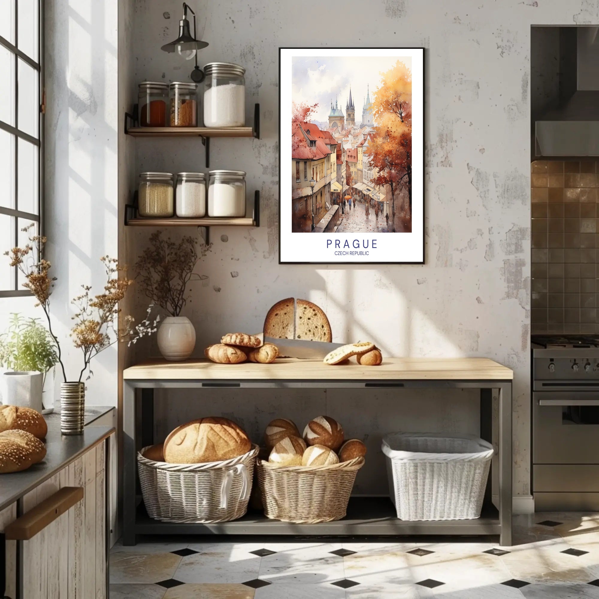 Prague Autumn Watercolor Illustration Urban or Cityscape Poster PosterGoat