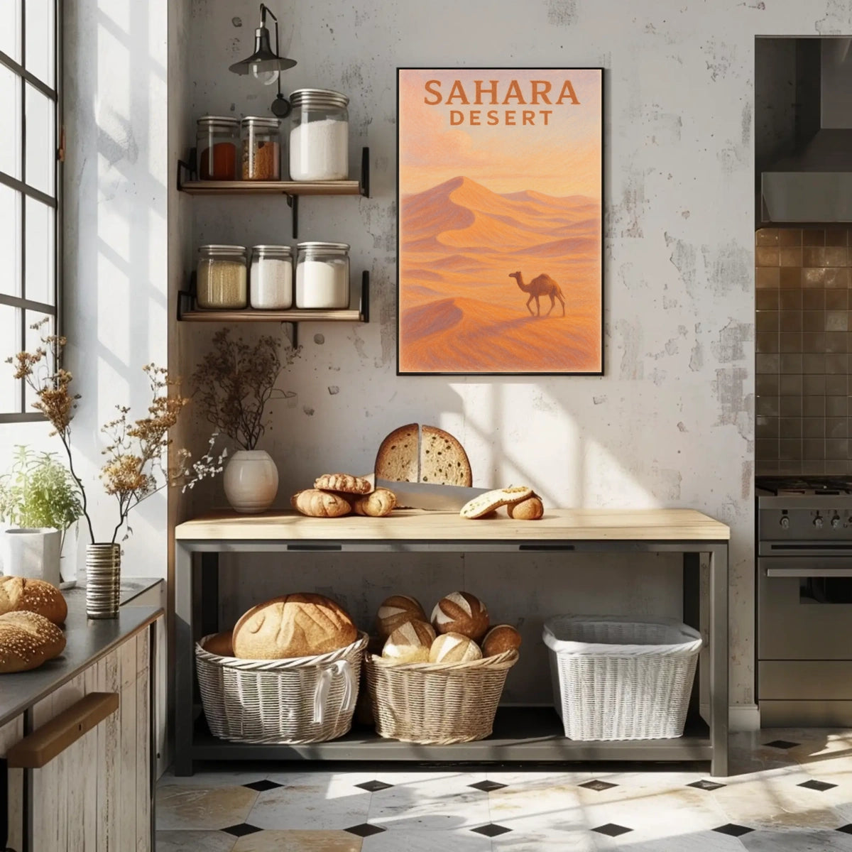 Sahara Desert Exploration Travel Retro Eighties Art Deco Camel Silhouette Golden Dunes Nostalgic Decor Poster