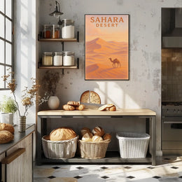 Sahara Desert Exploration Travel Retro Eighties Art Deco Camel Silhouette Golden Dunes Nostalgic Decor Poster