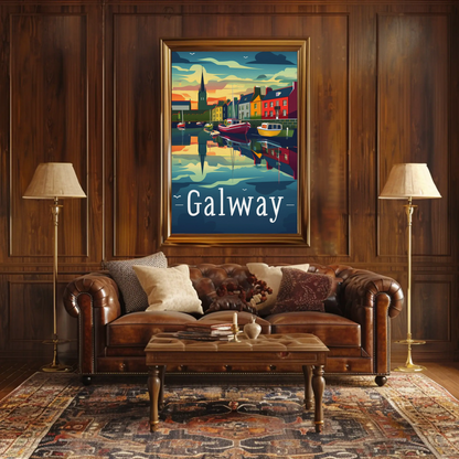 Evening Harbor Scene Galway Ireland Travel Poster