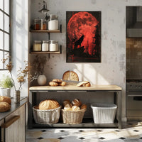 Wolf Howling Under Red Moon Fantasy Poster PosterGoat
